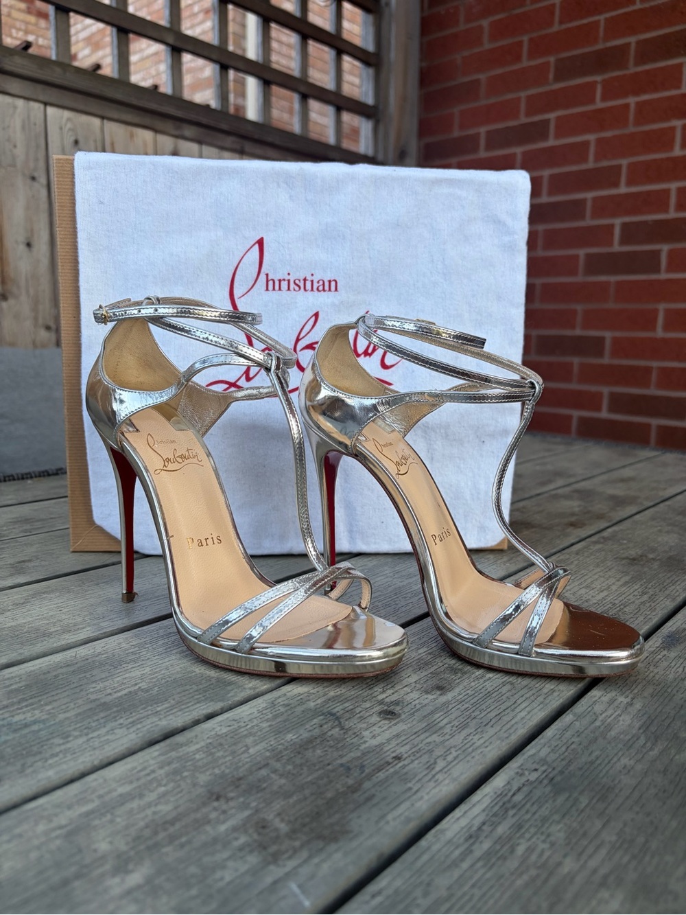 Christian Louboutin Silver Metallic Ankle-Strap Stiletto Sandals